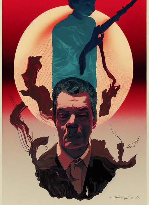 Image similar to poster artwork by Michael Whelan and Tomer Hanuka, Karol Bak of portrait of Stanley Kubrick, from scene from Twin Peaks, clean