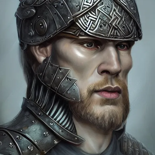 Image similar to portrait of solemn, ice-pale undead viking warrior with black veins and brutalist plate armor with art deco knotwork, elegant, intricate, head and upper body portrait, D&D, fantasy, highly detailed, digital painting, artstation, concept art, sharp focus, illustration, art by artgerm and brom and greg rutkowski and alphonse mucha