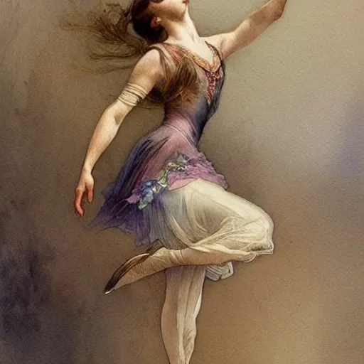 Prompt: a beautifull intricate watercolour painting of a dancing ballerina, reflexions, verry high details by william turner art, greg rutkowski and alphonse mucha, trending on artstation, very very detailed, masterpiece, muted colors