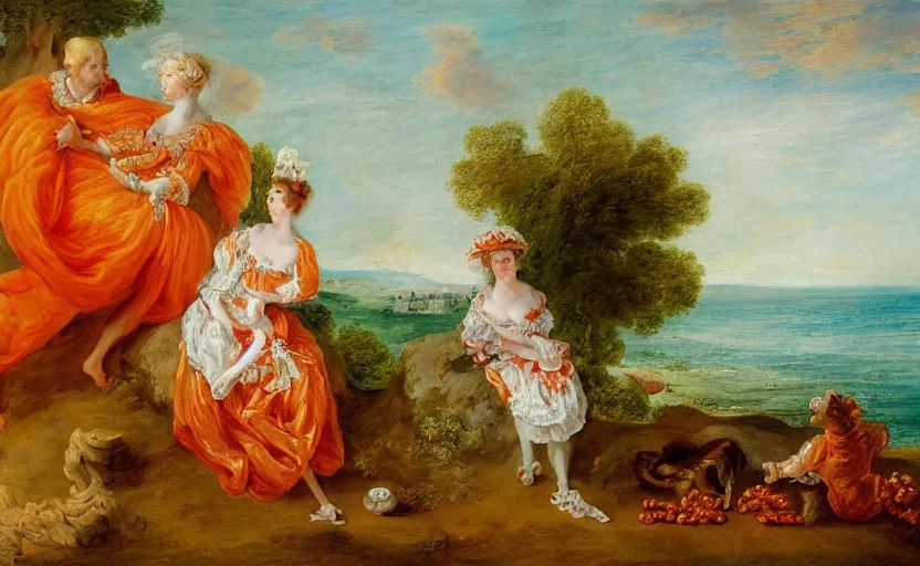 Image similar to oil painting of a house made of cheetos, beach in the background, rococo style, in the style of antoine watteau, johann baptist zimmerman, extremely detailed