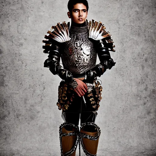 Prompt: a portrait of a beautiful young mexican male wearing an alexander mcqueen armor made of amethist , photographed by andrew thomas huang, artistic