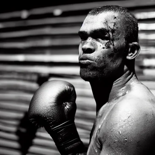 Image similar to close up portrait of boxer after boxing with brews blood sweating, photography photojournalism, very grainy image