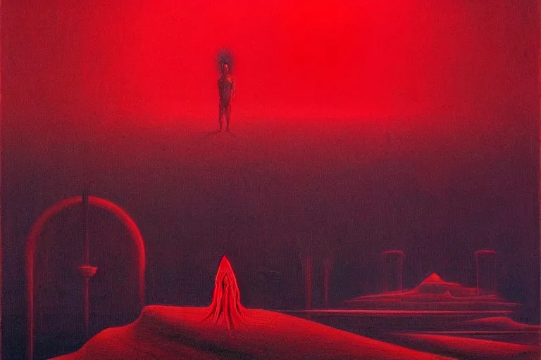 Image similar to only with red, red god of death eat apple, a futuristic city on mars in the background, red worms on the floor, in the style of beksinski, part by hopper, part by rodcenko, part by hofbauer, intricate composition, red by caravaggio, insanely quality, highly detailed, masterpiece, red light, artstation, 8 k