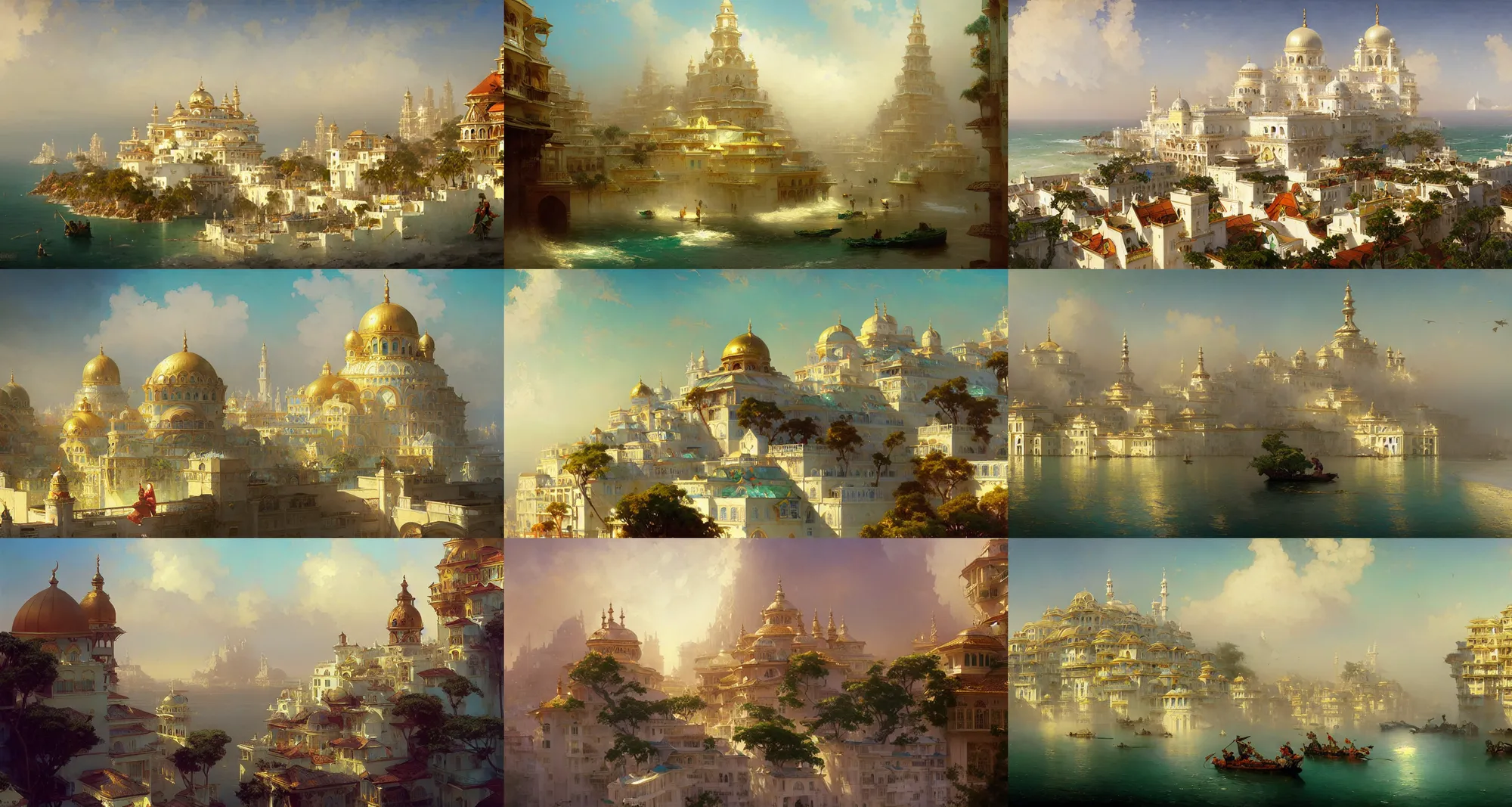 Prompt: coastal city, white buildings with golden roofs, rich greenery, islamic architecture, fantasy, art by joseph leyendecker, peter mohrbacher, ivan aivazovsky, ruan jia, reza afshar, marc simonetti, alphonse mucha