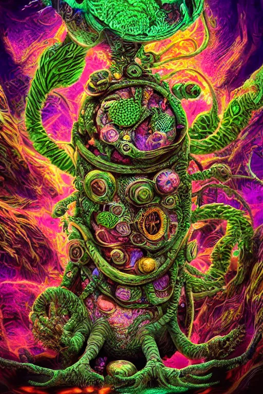 Image similar to creature sushi roots cactus elemental flush of force nature micro world fluo light deepdream a wild amazing steampunk baroque ancient alien creature, intricate detail, colorful digital painting radiating a glowing aura global illumination ray tracing