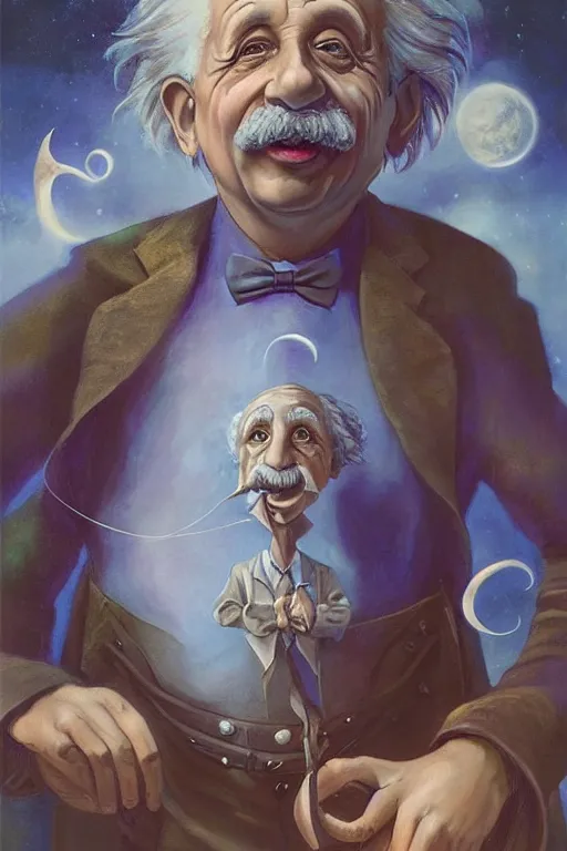 Image similar to breathtakingly beautiful painting of albert einstein dressed as a disney genie, thinking about equations, moonlit sky, matte painting by brian froud, shaun tan, wlo and peter mohrbacher, highly detailed, intricate,, award winning artwork, trending on artstation, high quality printing, fine art