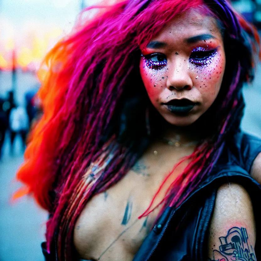 Prompt: Cinestill 50d candid photography of a city on fire, extreme wide shot of a poor techwear mixed woman wearing thick mascara and dark glitter makeup crying outside of a city on fire, tattoos, extreme long shot, full shot, blurry, 4k, 8k, hd, full color