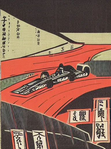 Prompt: japanese woodblock print of a formula 1 race
