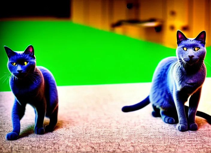 Image similar to Fujichrome Provia 100F photograph of a Russian Blue cat, sigma 85mm f/1.4, 15mm, 35mm, tilted frame, extreme long shot, action shot, long exposure, 4k, high resolution, 4k, 8k, hd, wide angle lens, highly detailed, full color, harsh light and shadow, intoxicatingly blurry