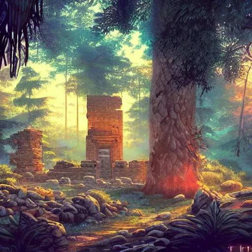 Image similar to ancient ruins in the forest, epic retrowave art, vaporwave, synthwave, trending on art station
