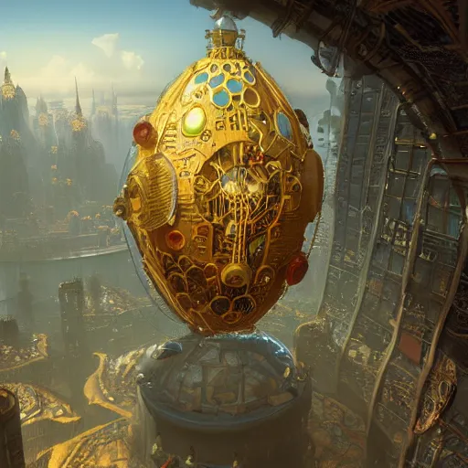 Prompt: enormous flying city in a faberge egg, clear skies, steampunk, fantasy art, masterpiece, unreal engine