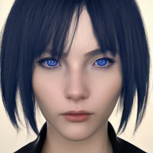 Image similar to « portrait, attractive, blue eyes, black hair, middle length hair, ghost in the shell, front view, unreal engine 5 »