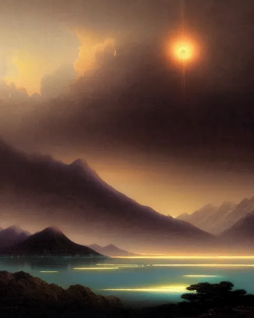 Image similar to a hyper realistic matte painting of the lake lake full of river lights, distant mountains, night sky ， clouds, by ohara koson and ivan aivazovsky and stephan martiniere, heavenly lighting, retrowave, 4 k hd wallpaper