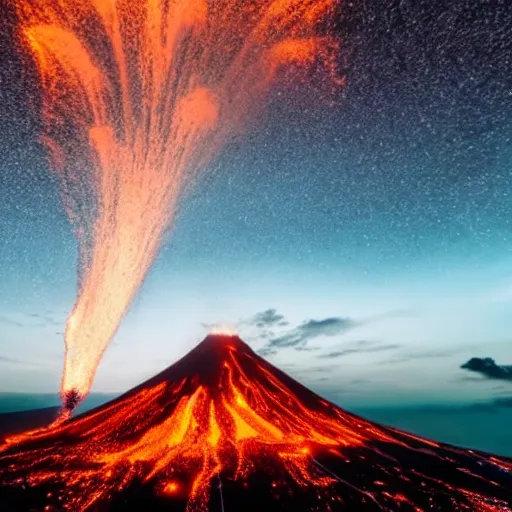 Prompt: An explosive volcanic eruption lights up the night sky, cinematic 8k