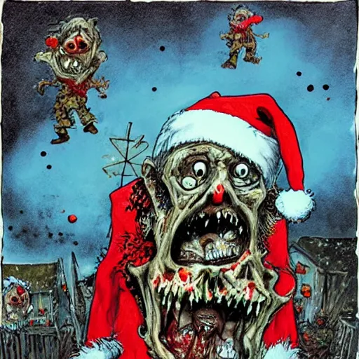 Image similar to Zombie Santa Claus attacking a village, Ralph Steadman, bloody