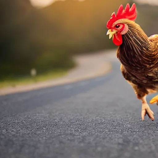 Prompt: chicken running on a road to a sunset