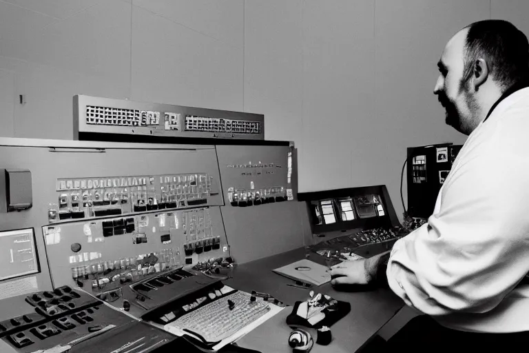 Image similar to heavyset bald man wearing a white shortsleeved shirt and blue jeans working in a nuclear silo control room by Emmanuel Lubezki