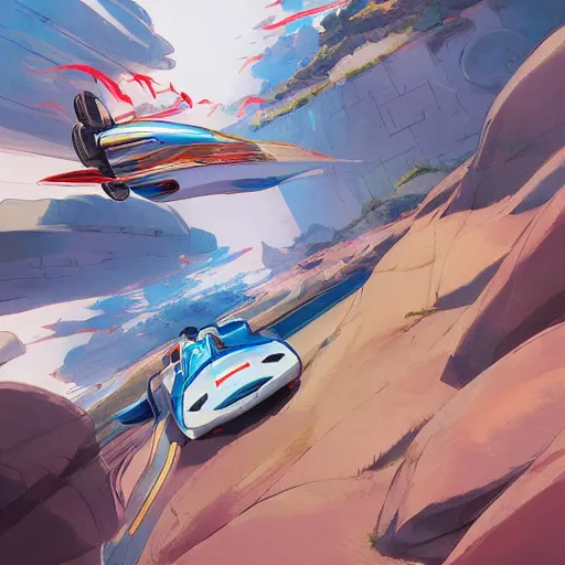 Image similar to speed racer's mach 5 racing over dangerous cliffs, studio ghibli studio key hideaki anno sakimichan stanley artgerm lau rossdraws james jean marc simonetti elegant highly detailed digital painting artstation pixiv