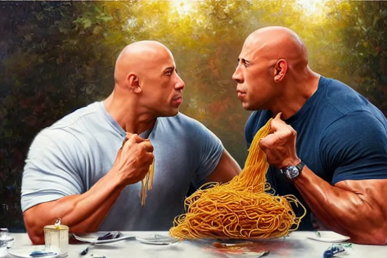 Prompt: portrait of vin diesel and dwayne the rock johnson sharing spaghetti noodle kiss, an oil painting by ross tran and thomas kincade