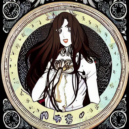 Image similar to anime manga skull portrait woman comic skeleton illustration style by Alphonse Mucha pop art nouveau