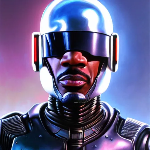 Image similar to epic painting of Cyberpunk Eddie Murphy as Beverly Hills Robocop, soft details, extremely detailed and coherent, matte painting oil on canvas by mark arian by artgerm, 4k, 8k, HD, trending on artstation