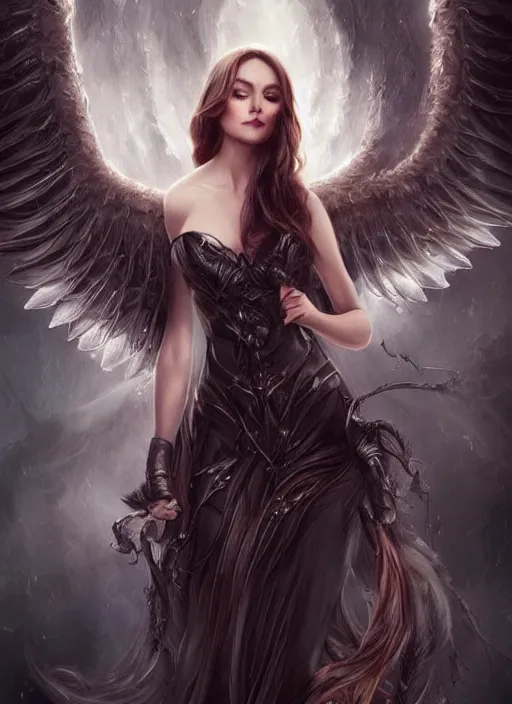 Image similar to a beautiful woman archangel big wings, full body, 8 k, hyperrealistic, hyperdetailed, beautiful face, long hair, dark fantasy, fantasy portrait by laura sava