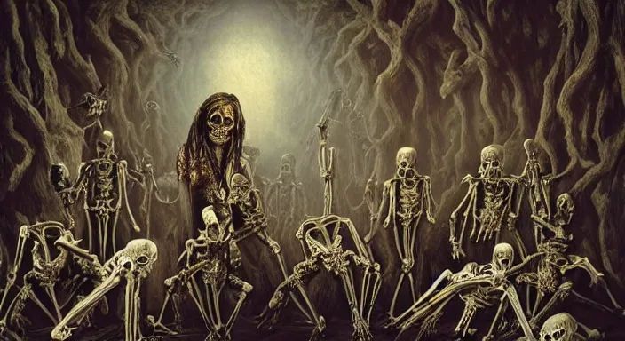 Image similar to photo of undead skeletons performing a sacred blasphemous mind-bending ritual, style of Wayne Barlowe, lavish rococo baroque setting, fashion-photography, unholy ceremony, sacrilegious rite, evil, menacing, ominous, threatening, sinister, malevolent. Highly-detailed, photographic, cinematic, dramatic, establishing shot