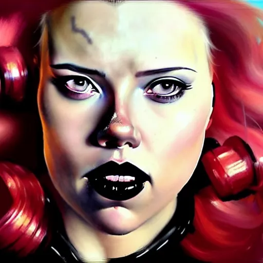 Image similar to greg manchess portrait of scarlett johansson as thick very muscular gothic weightlifter zarya from overwatch with red hair and black lipstick, fantasy medium shot, asymmetrical, profile picture, organic painting, sunny day, matte painting, bold shapes, hard edges, street art, trending on artstation, by huang guangjian and gil elvgren and sachin teng