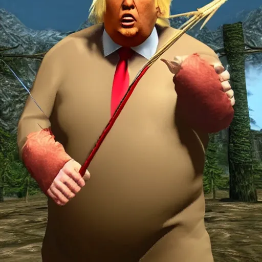 Image similar to fat Donald trump as a Skyrim character with an arrow shot through his knee