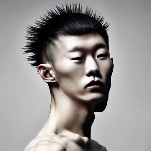 Image similar to a beautiful young korean male alien wearing iris van herpen couture, his hair moves with the wind, photographed by erwin olaf