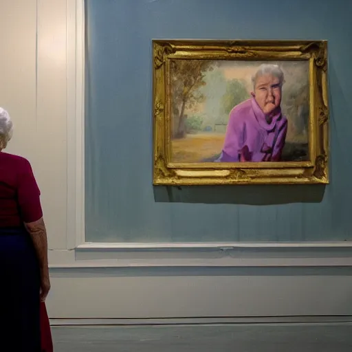 Prompt: old woman staring at a painting of herself as a young woman