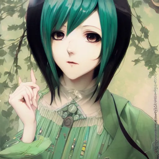 Prompt: hatsune miku short hair, anime style, hyper detailed, light green dress, illustration, digital painting, art by artgerm and greg rutkowski and alphonse mucha, high delicate defined details, anime stylized, highly detailed, realistic, sharp focus, styled by rhads