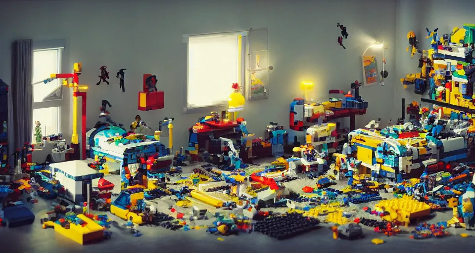 Image similar to IKEA catalogue photo, cyberpunk childrens bedroom, lego, mess by Beksiński