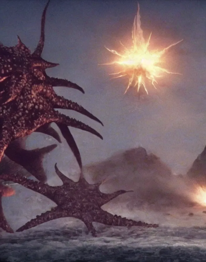 Prompt: a filmstill of a north korean monster movie, kaiju - eiga monster starfish - like trampling a traditional korean palace, foggy, film noir, epic battle, etheral, explosions, communist starfish, thriller, by wachowskis and robert eggers, video compression