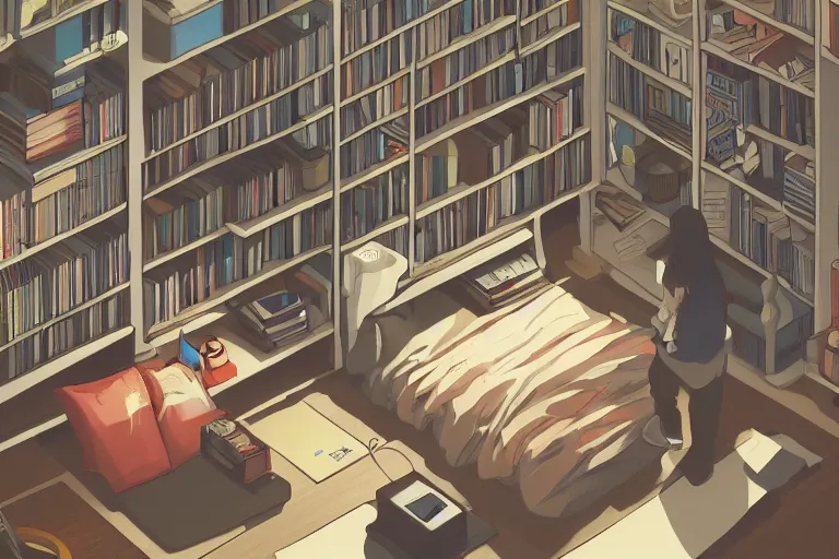 Prompt: a room of a japanese young man, bookshelves, cd, tiny, clean and tidy, small balcony, tatami, warm, cozy, isometric art, bright, artstation, highly detailed, cinematic lighting + masterpiece, life is strange, illustration