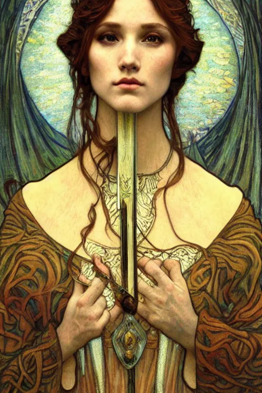 Image similar to detailed realistic beautiful young medieval queen face portrait by jean delville, alphonse mucha, vincent van gogh, and marco mazzoni, art nouveau, symbolist, visionary, gothic, pre - raphaelite
