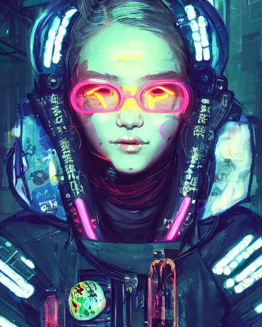 Image similar to detailed portrait Neon Operator Girl, cyberpunk futuristic neon, reflective puffy coat, decorated with traditional Japanese ornaments by Ismail inceoglu dragan bibin hans thoma greg rutkowski Alexandros Pyromallis Nekro Rene Maritte Illustrated, Perfect face, fine details, realistic shaded, fine-face, pretty face