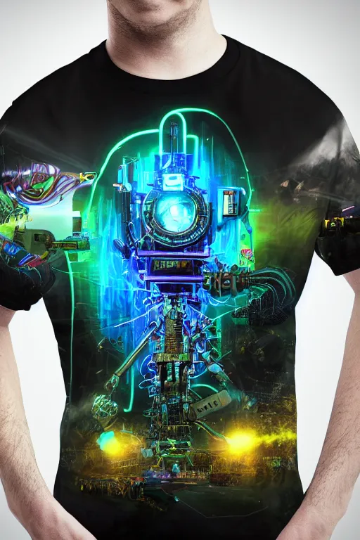 Prompt: a band shirt, tshirt, bandname is tripmachine, tourname is invasion of the tripmachines, realistic digital art, 3 d render of a huge futuristic steampunk generator, 8 k, fluorescent colors, halluzinogenic, multicolored, exaggerated detailed, unreal engine