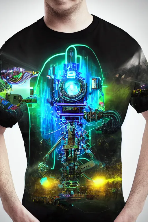 Image similar to a band shirt, tshirt, bandname is tripmachine, tourname is invasion of the tripmachines, realistic digital art, 3 d render of a huge futuristic steampunk generator, 8 k, fluorescent colors, halluzinogenic, multicolored, exaggerated detailed, unreal engine