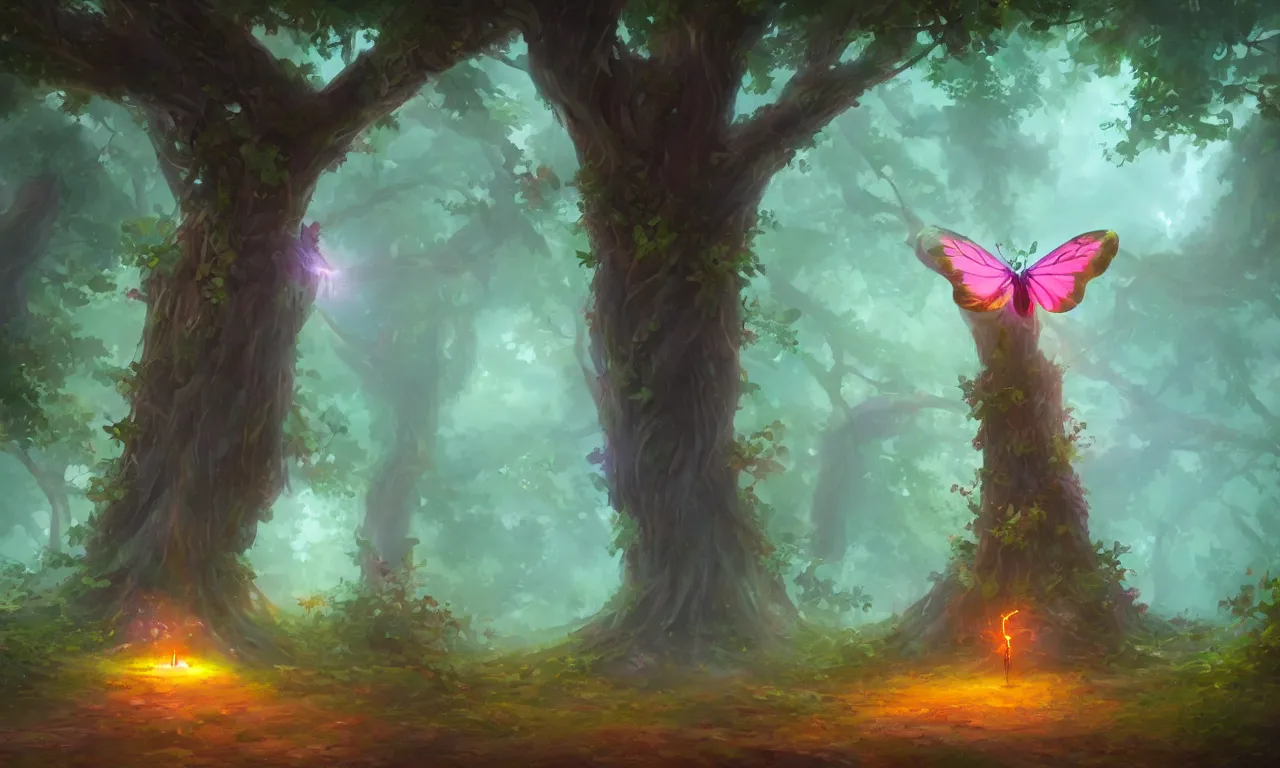 Prompt: Glowing Butterfly sitting on a tree in the forest, trending on artstation, by Noah Bradley