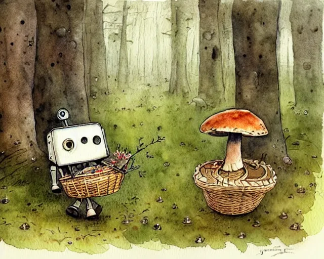 Image similar to a cute little robot walking in the forest picking mushrooms, holding a basket full of mushrooms, watercolor painting by jean - baptiste monge, muted colors