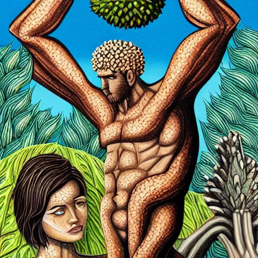 Prompt: adam and eve bigger than godzilla, apotheon art style, smooth painting, each individual seeds have ultra high detailed, 4 k, illustration, comical, acrylic paint style, pencil style, torn cosmo magazine style, pop art style, ultra realistic, underrated, by mike swiderek, jorge lacera, ben lo, tyler west