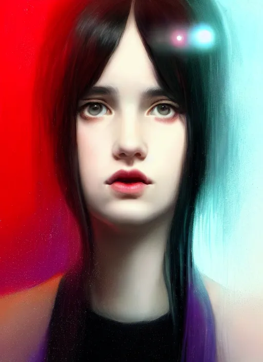 Image similar to portrait of teenage girl with white bangs, red irises, black hair, purple clothes, white bangs, bangs are different color from hair, intricate, front of hair is white rest is black, elegant, glowing lights, highly detailed, digital painting, artstation, concept art, smooth, sharp focus, illustration, art by wlop, mars ravelo and greg rutkowski