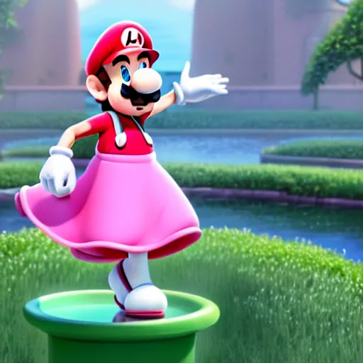 Image similar to luigi from super mario wearing a pink dress, studio ghibli, pixar and disney animation, sharp, rendered in unreal engine 5, highly detailed, digital painting, artstation, concept art, smooth, sharp focus, illustration, wide angle, artbook, splash art, dramatic lighting, art by artgerm and greg rutkowski and bo chen and jin xiaodi