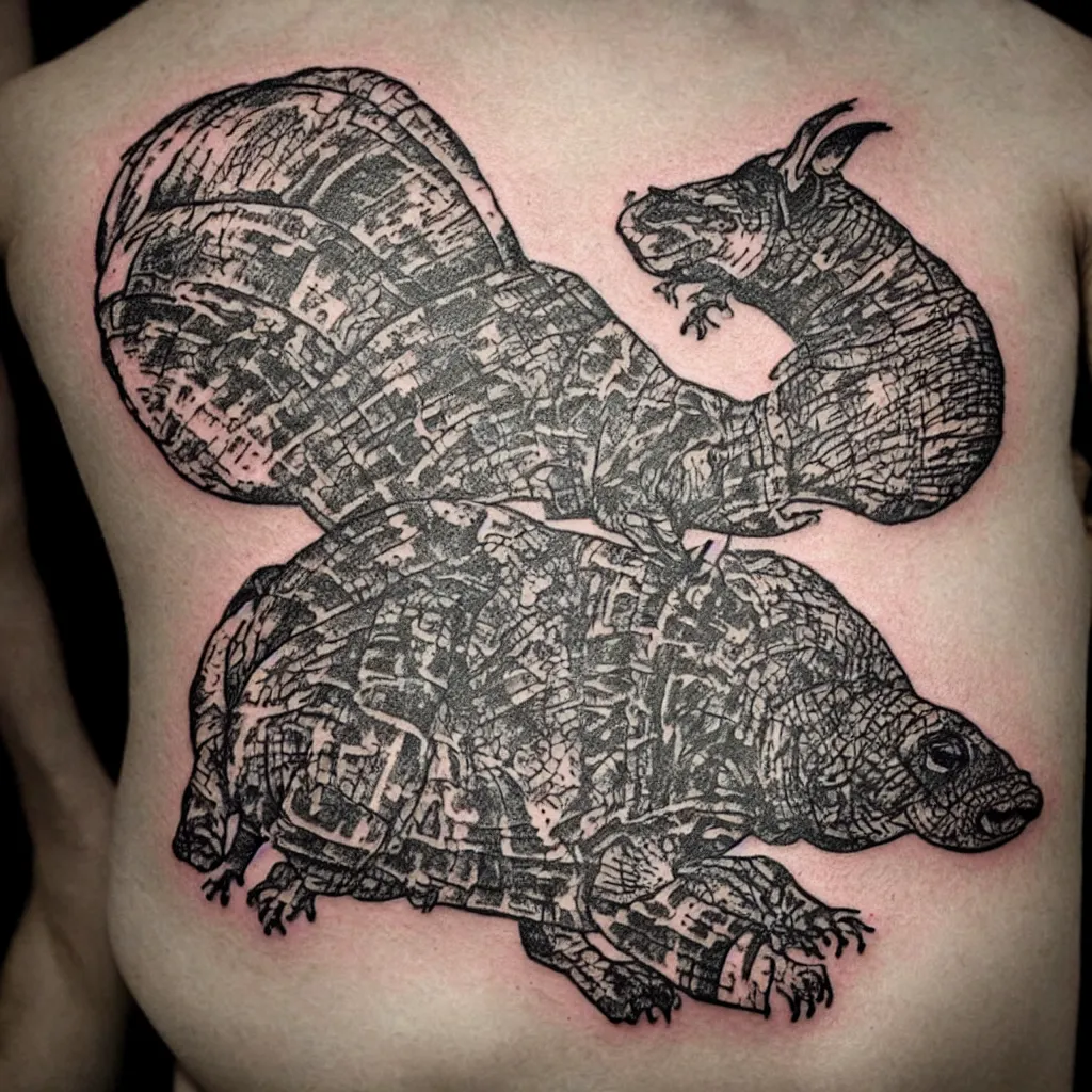 Prompt: A tatoo stencil of an armadillo using tattoo machine