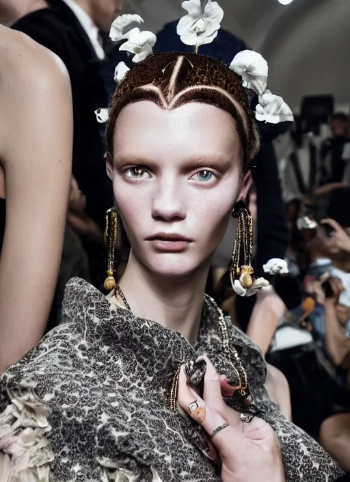 Image similar to A beautiful portrait of Kendra Spears as a model at louis vuitton fashion show Paris Spring/Summer 2018, highly detailed, in the style of cinematic, fashion week backstage, makeup by Pat Mcgrath, shot by Greg rutkowski