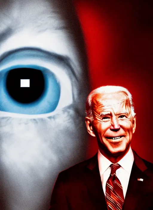 Prompt: hyper realistic ultra realistic chaos magic photo furious glowing red eyes biden, high quality photo, detailed , 8k