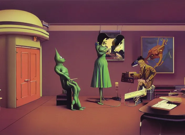 Prompt: a still from the tv series futurama by francis bacon, surreal, norman rockwell and james jean, greg hildebrandt, and mark brooks, triadic color scheme, by greg rutkowski, in the style of francis bacon and syd mead and edward hopper and norman rockwell and beksinski, dark surrealism, open ceiling