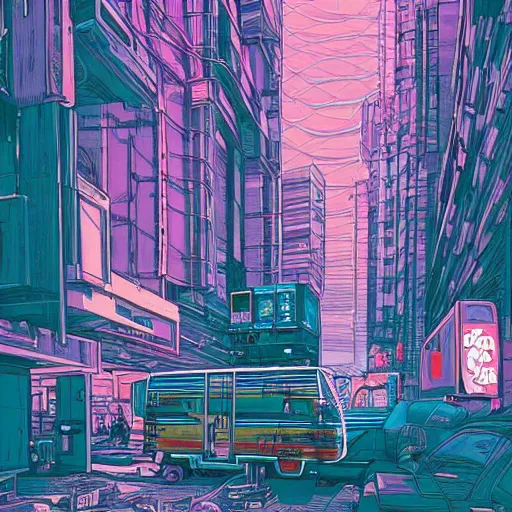 Prompt: painting of an RV in a cyberpunk city by Laurie Greasley, hyper detailed, vivid colors, centered subject, trending on Artstation