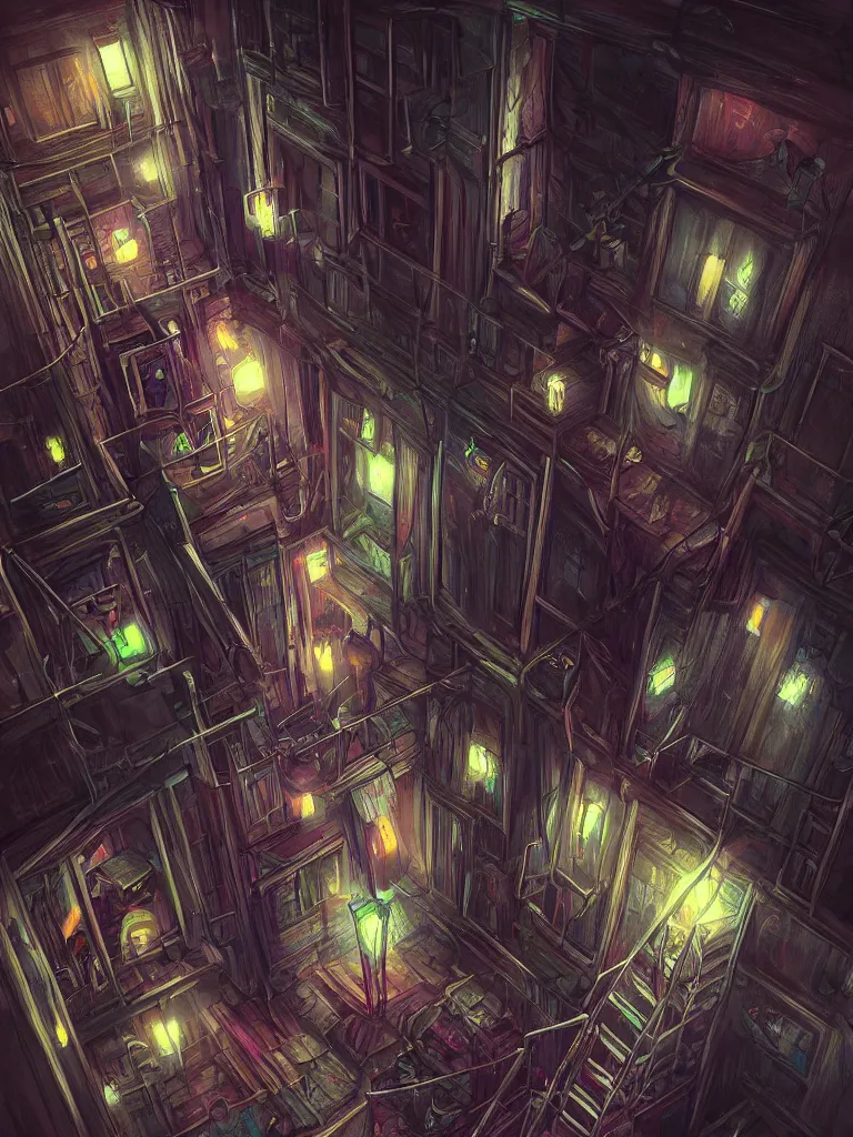 Prompt: look down a cellar staircase, neon lights, bird‘s-eye view, digital painting, concept art, smooth, sharp focus, hyperrealistic, illustration, artstation trending